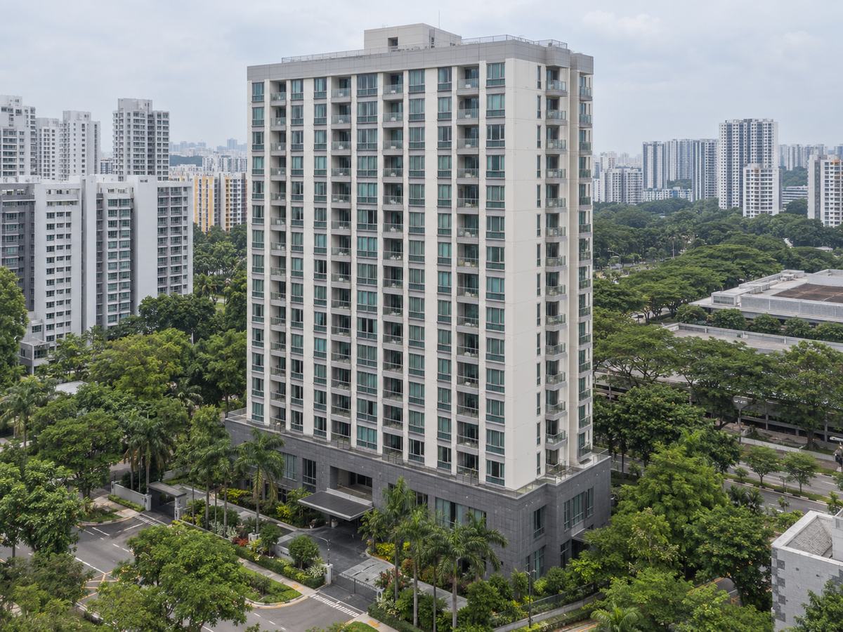 Meridian Court, a residential tower among trees, seen from the northeast (sample project)