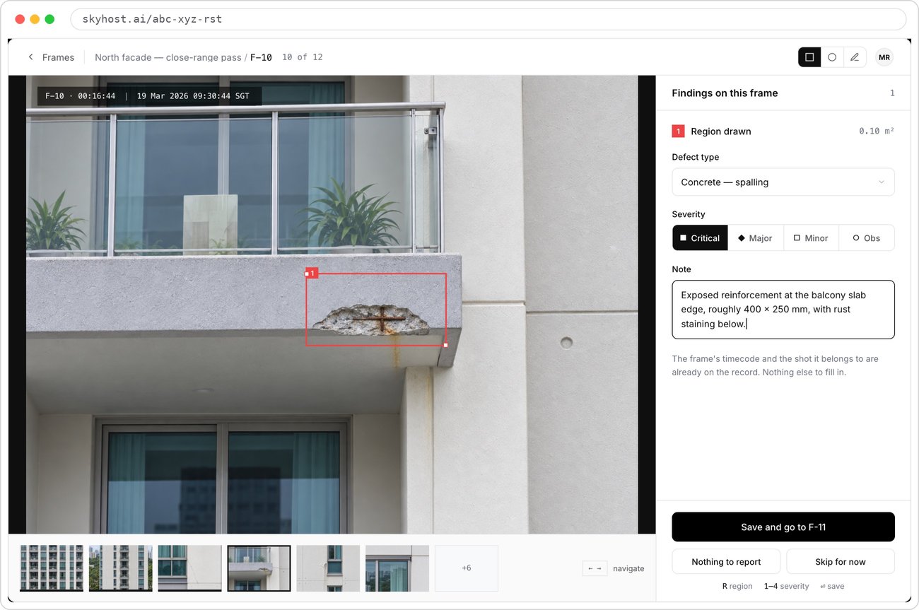 Skyhost Review: frame F-10 of the north facade pass, with a region drawn around balcony slab spalling and the finding panel set to Concrete — spalling, Critical