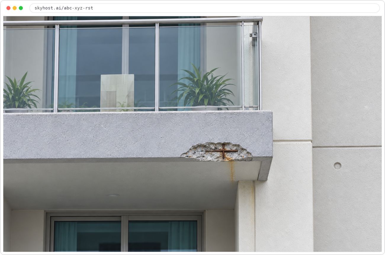 Skyhost Flight Portal: a close-range drone view of a balcony slab edge with spalled concrete and exposed reinforcement, with four participants in the session