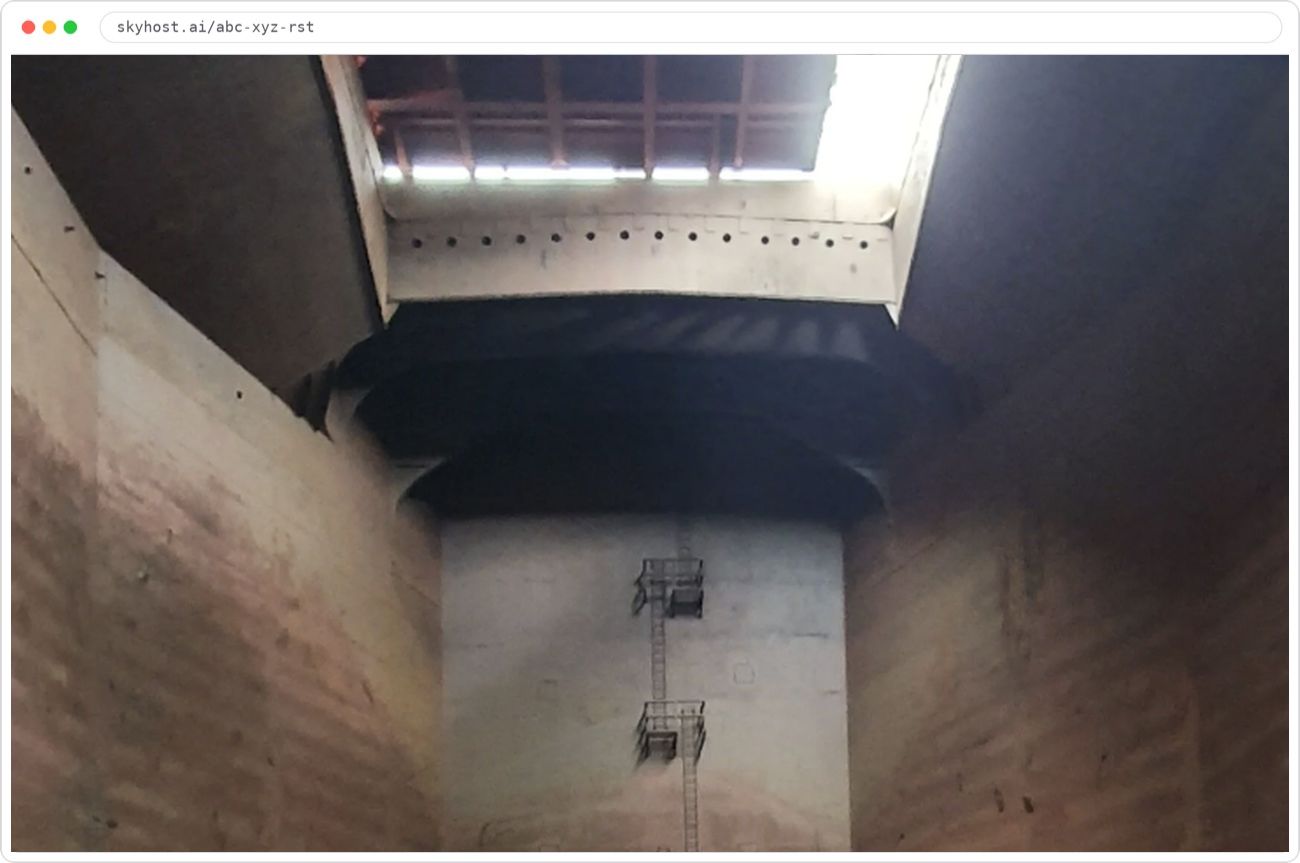 Skyhost Flight Portal: a live view inside a ship's cargo hold, looking up at the hatch coaming and access ladder, with four participants in the session