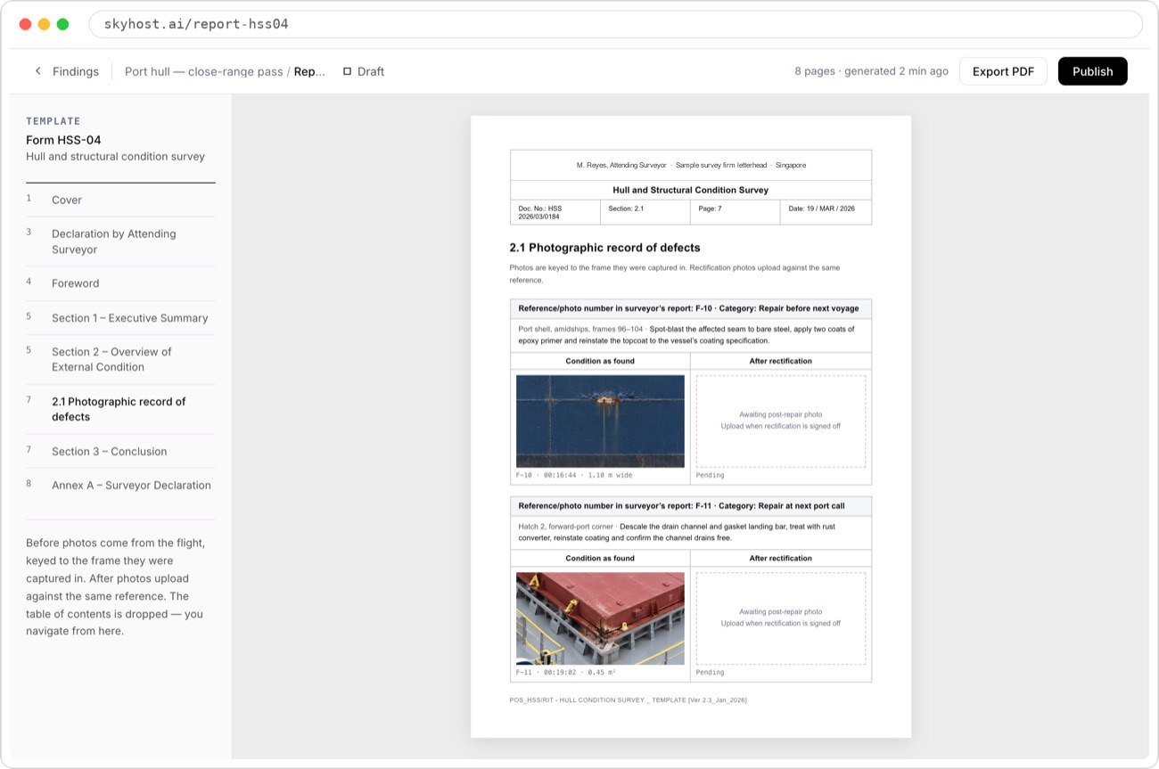 Skyhost Reports: a draft of a hull and structural condition survey, template HSS-04, section 2.1 photographic record of defects