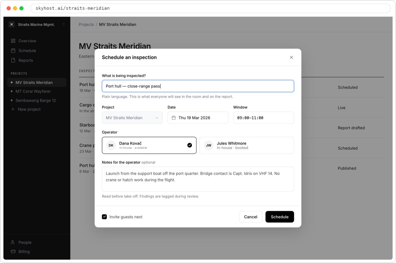 Skyhost Schedule: the Schedule an inspection form for MV Straits Meridian, with the port hull pass, date, time window, operator and notes for the operator