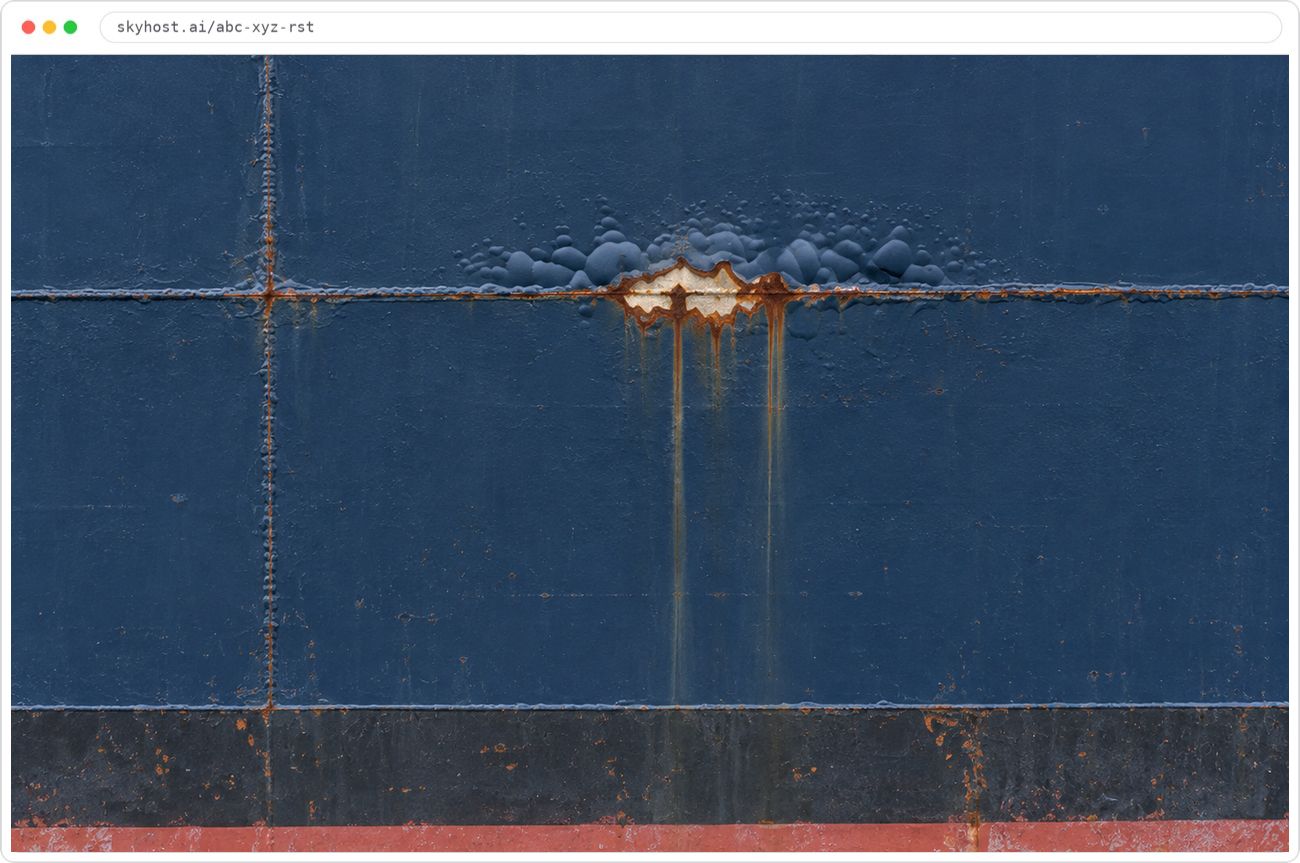 Skyhost Flight Portal: a live view of a ship's port hull with blistered coating and rust streaks along a plate seam, with four participants in the session